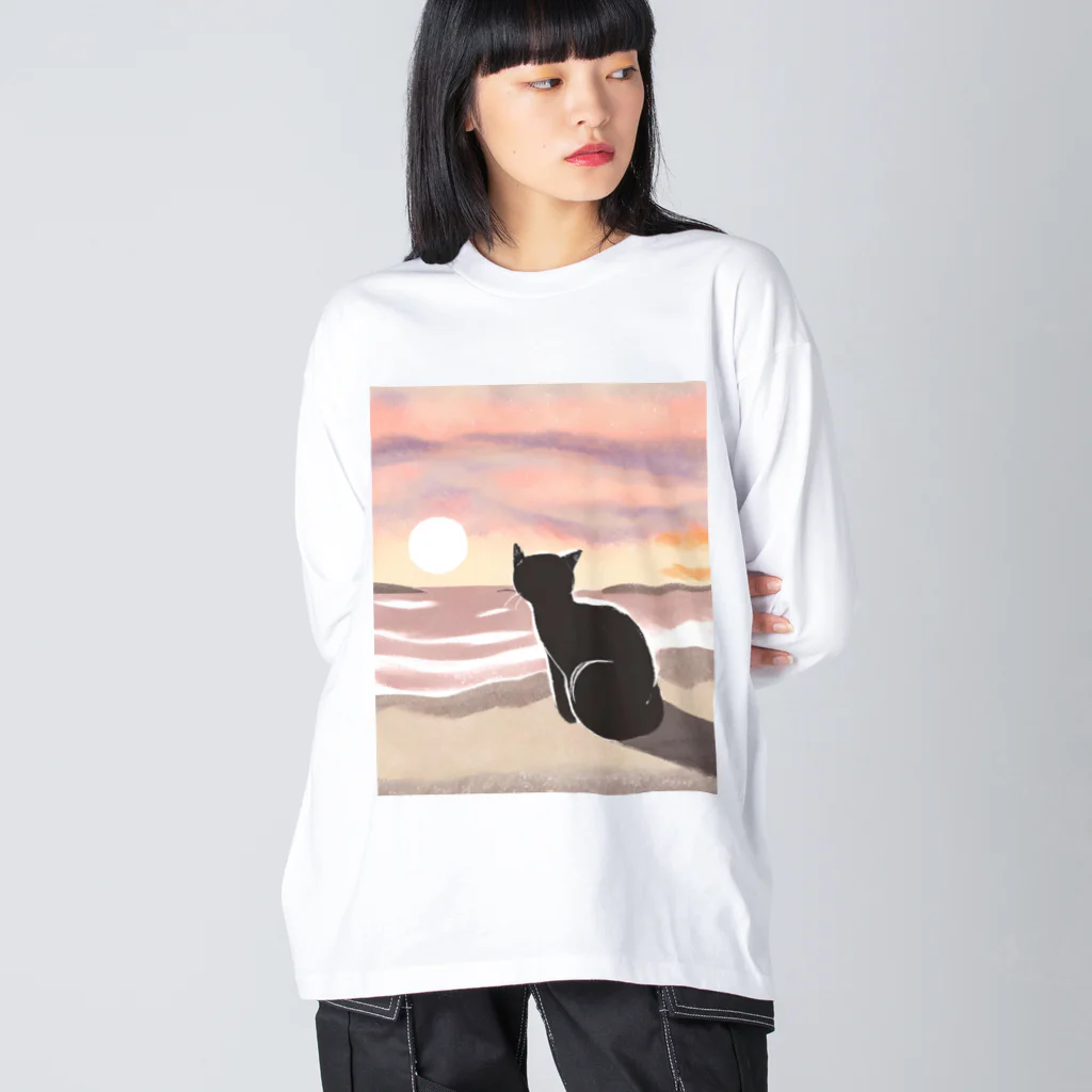 えんがわすまいる商店の海と夕陽と猫 ビッグシルエットロングスリーブTシャツ