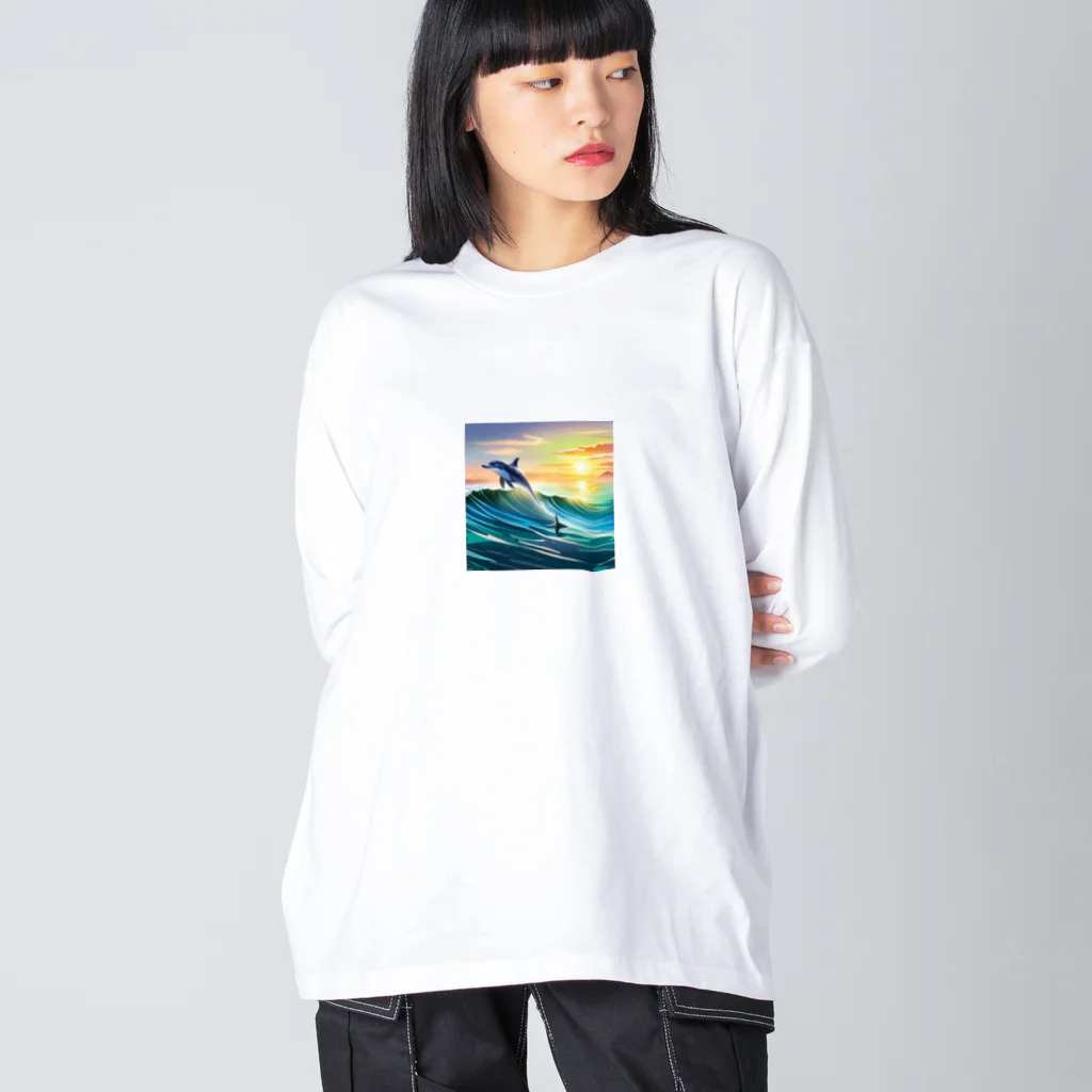 itacyoko(AIイラスト屋)の夕暮れで飛ぶイルカ ビッグシルエットロングスリーブTシャツ