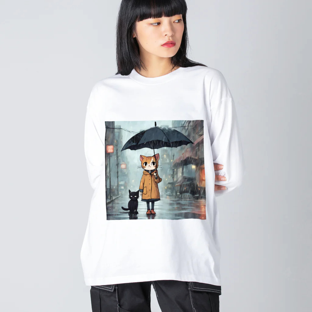 AI Creative Hub（AIクリエイティブハブ）の猫と傘 Big Long Sleeve T-Shirt