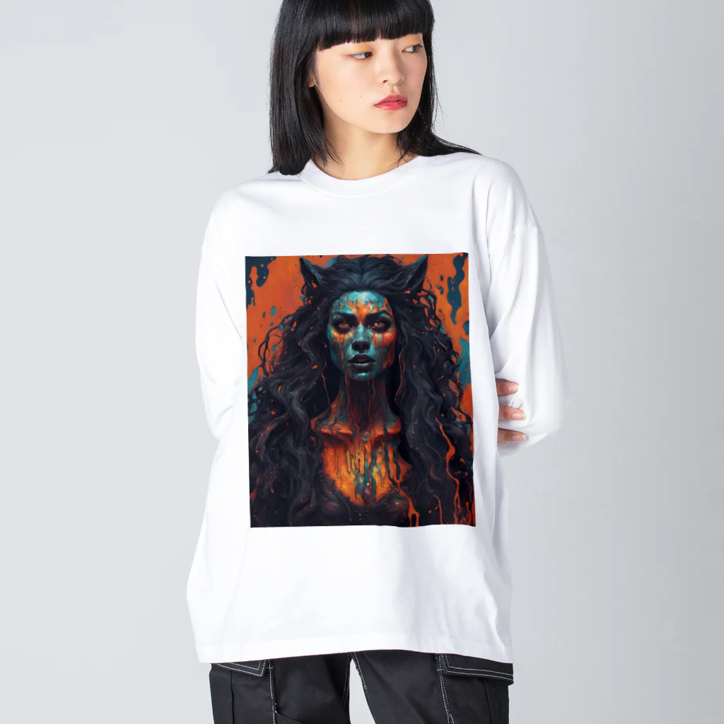 ワンダーワールド・ワンストップのミステリアスなダークウルフの女性 Big Long Sleeve T-Shirt