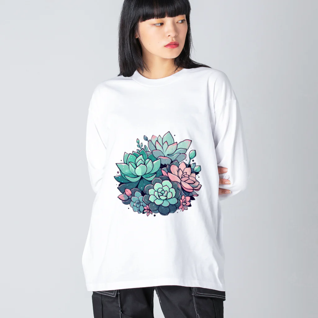 わんにゃんsucculentの多肉植物のイラスト ビッグシルエットロングスリーブTシャツ