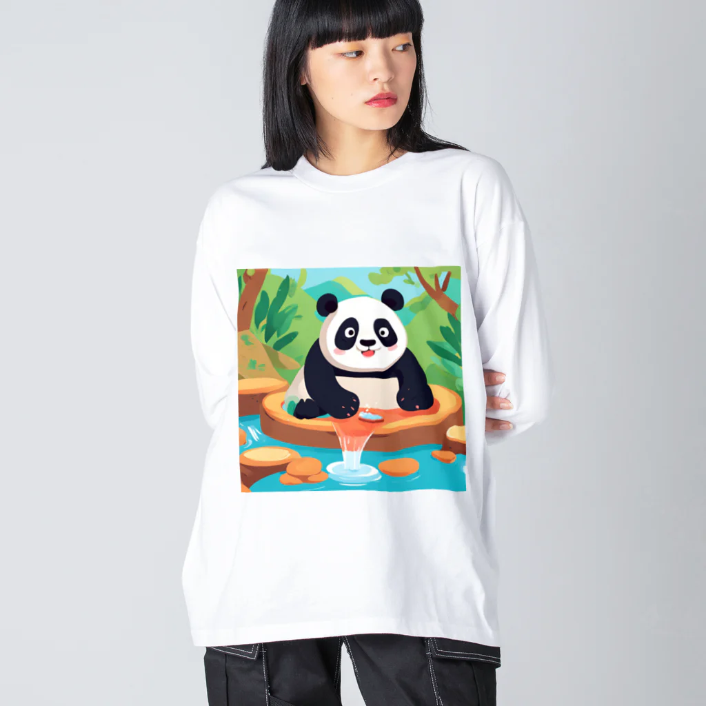 萌えキャラ大好きの温泉を楽しむパンダイラストのグッズ ビッグシルエットロングスリーブTシャツ