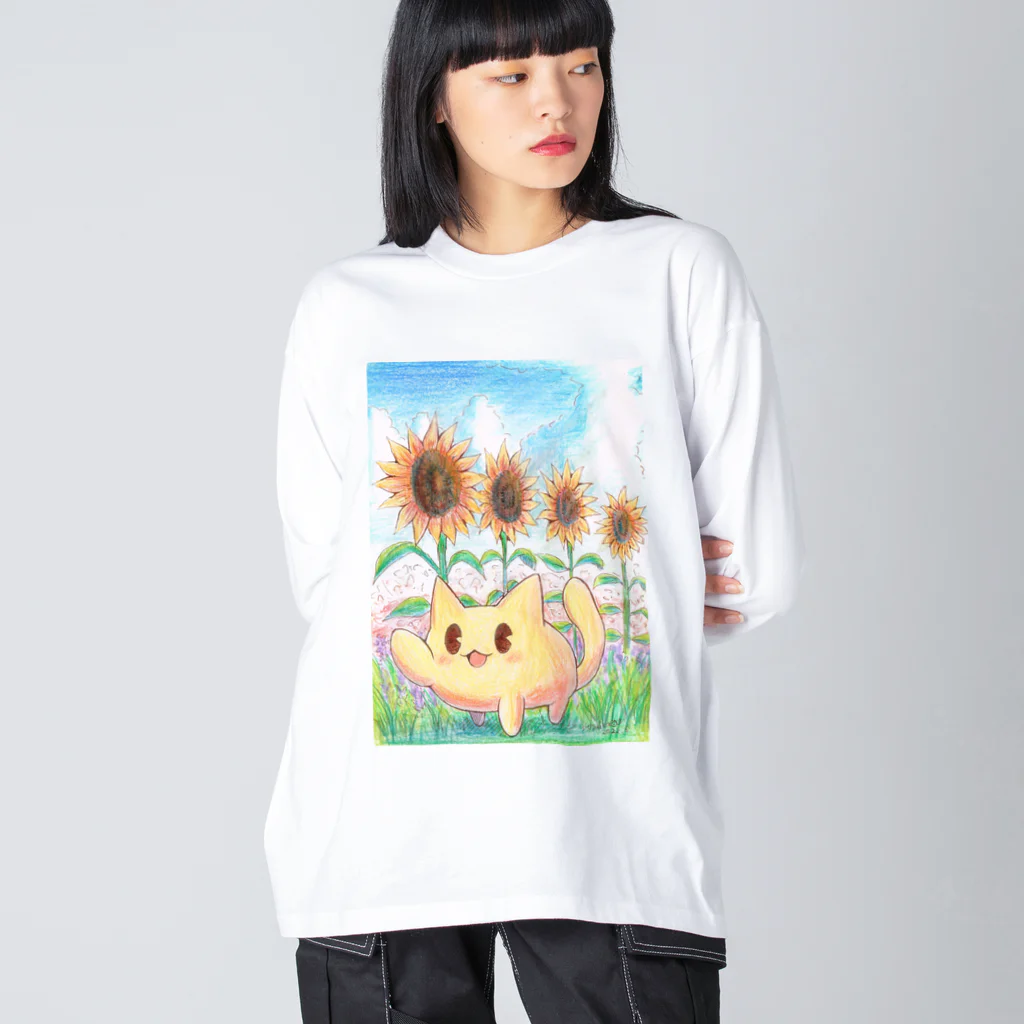 ねこさん爆発ショップのぽよたんひまわり ビッグシルエットロングスリーブTシャツ