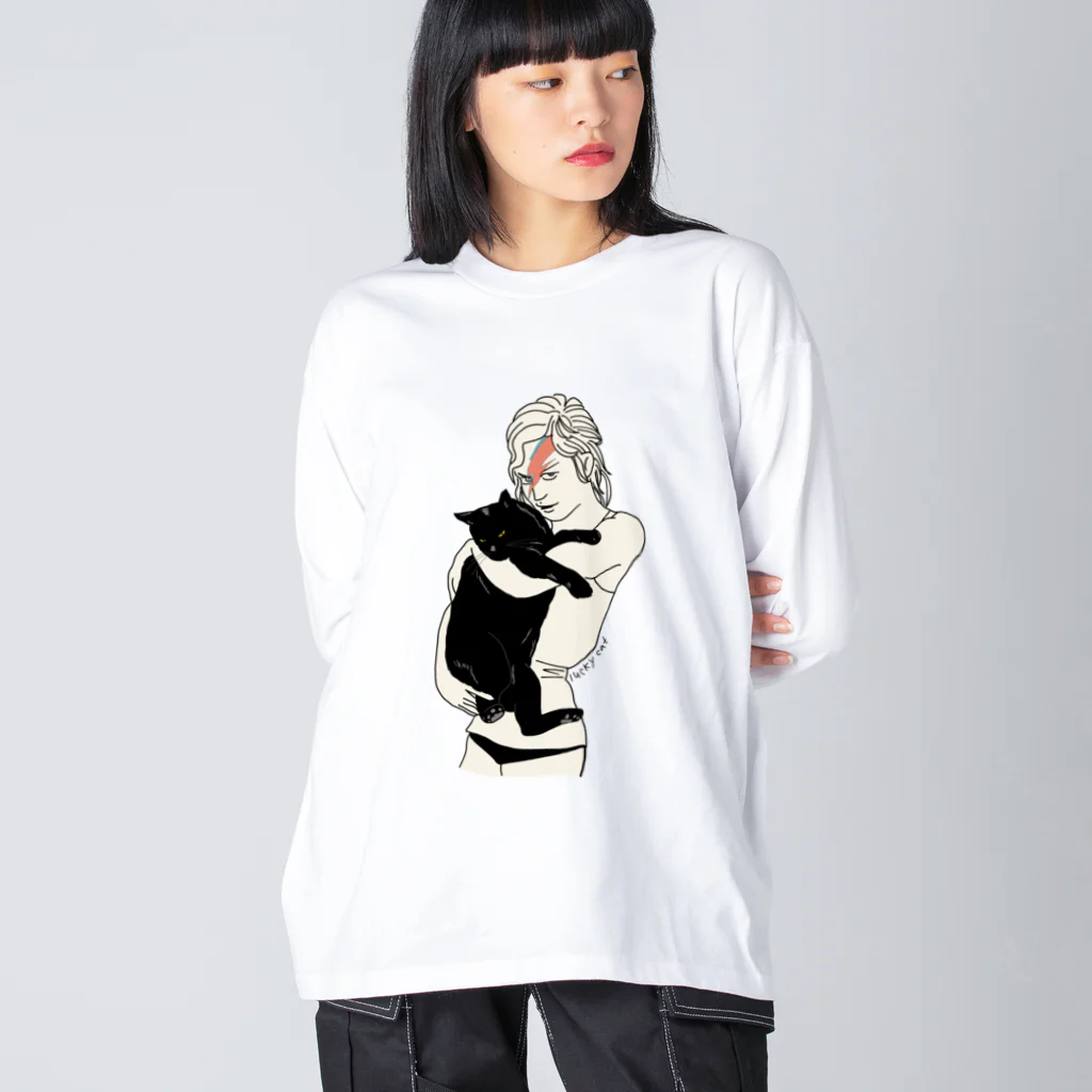 小鳥と映画館のイナズマメイクの女性と黒猫 ビッグシルエットロングスリーブTシャツ
