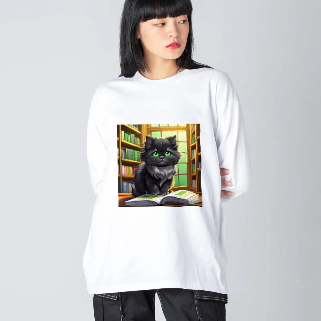 yoiyononakaの図書室の黒猫02 ビッグシルエットロングスリーブTシャツ