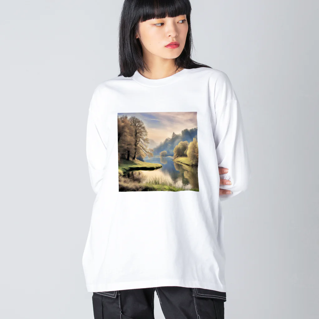 maikoのショップの静かな川辺の風景 ビッグシルエットロングスリーブTシャツ