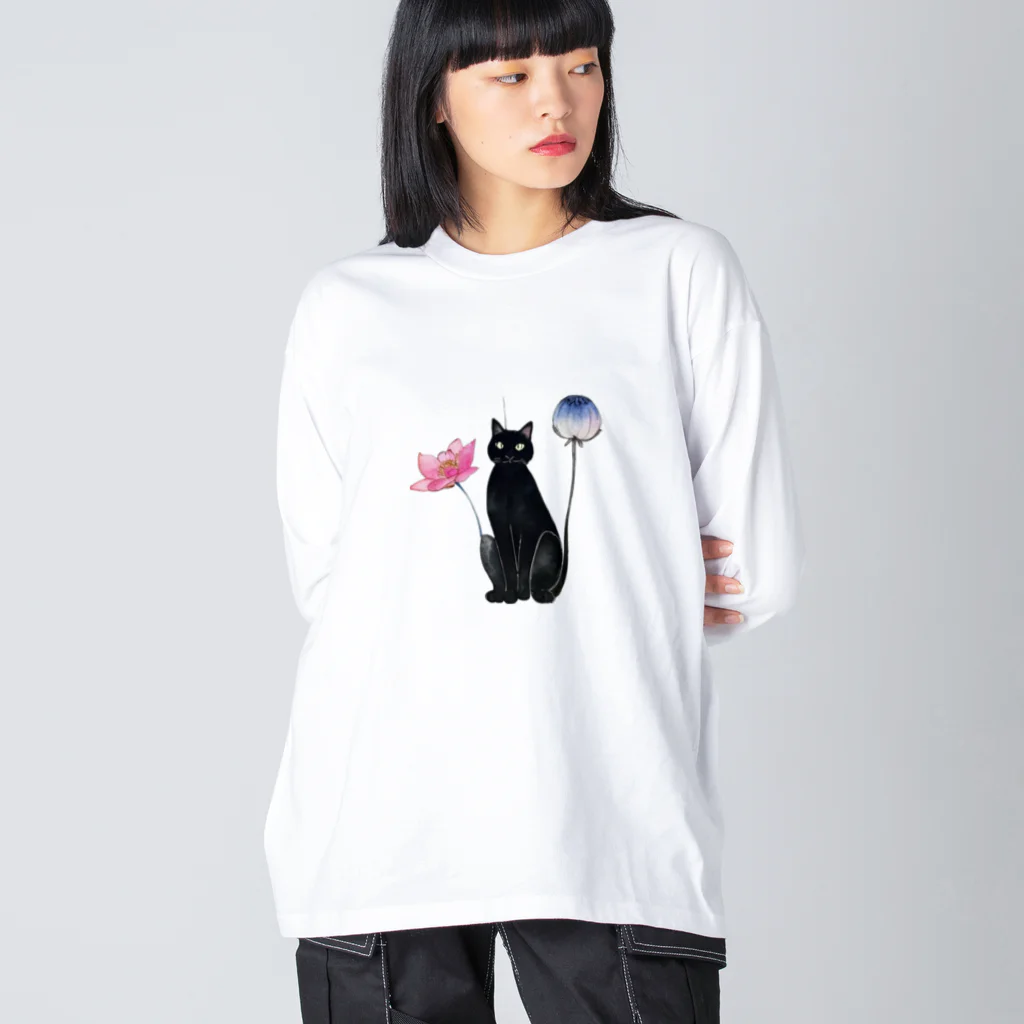 幸運のしっぽの黒猫と花 Big Long Sleeve T-Shirt