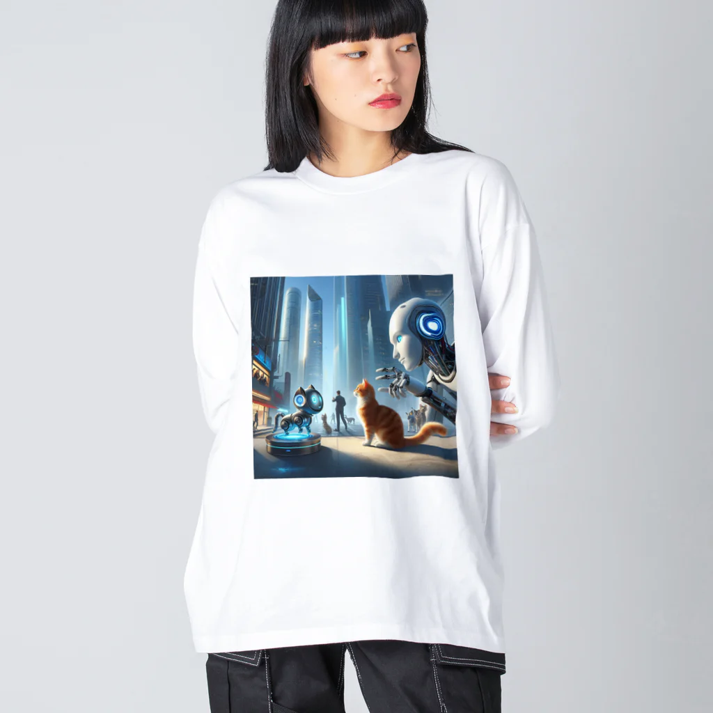 ニャーちゃんショップの未来のロボットペットと友達になっている猫 Big Long Sleeve T-Shirt