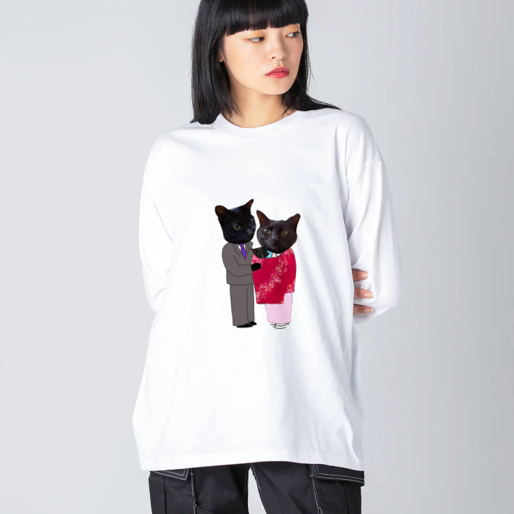 Parallel_merchの黒猫の親子 ビッグシルエットロングスリーブTシャツ