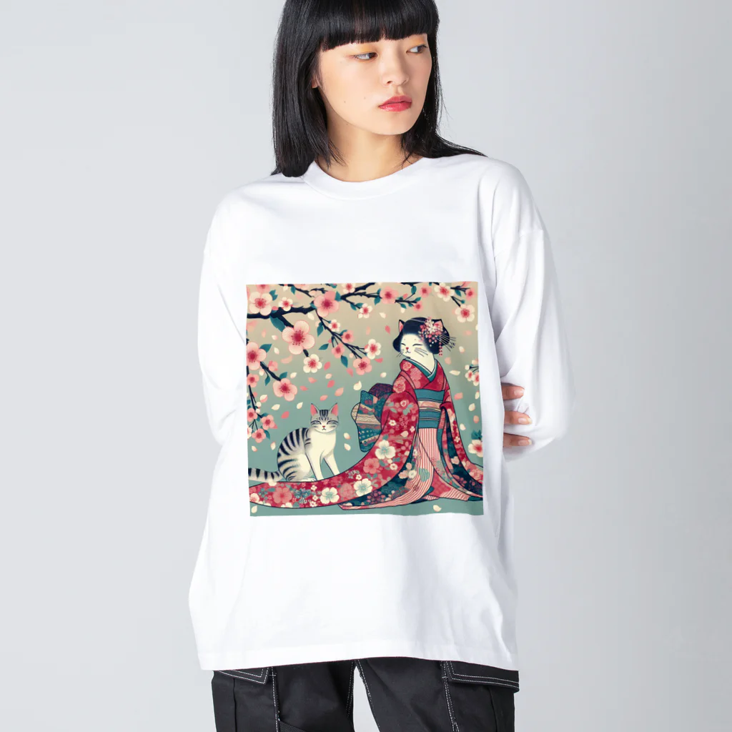 ParadigmStar　パラダイムスターの和風cat 見返り桜 Big Long Sleeve T-Shirt