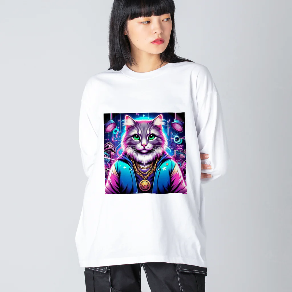 AIフォトSHOPのイケ猫DJ ビッグシルエットロングスリーブTシャツ