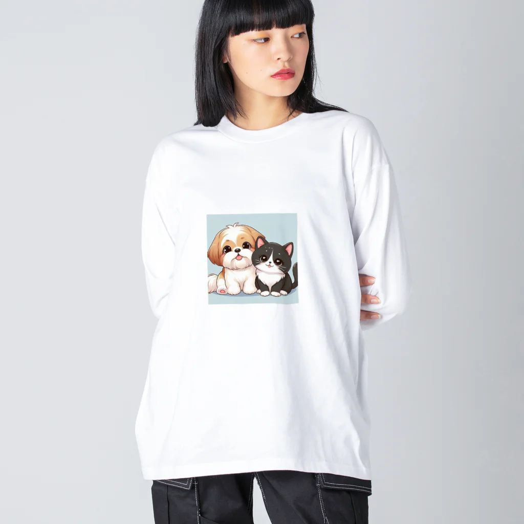 ワンコとにゃんちゃんズのシーズーと白黒にゃんこ ビッグシルエットロングスリーブTシャツ