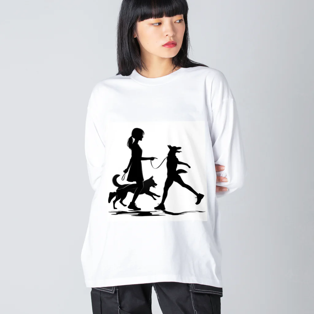 AI間違い探しの犬を散歩する女の子のシルエット ビッグシルエットロングスリーブTシャツ