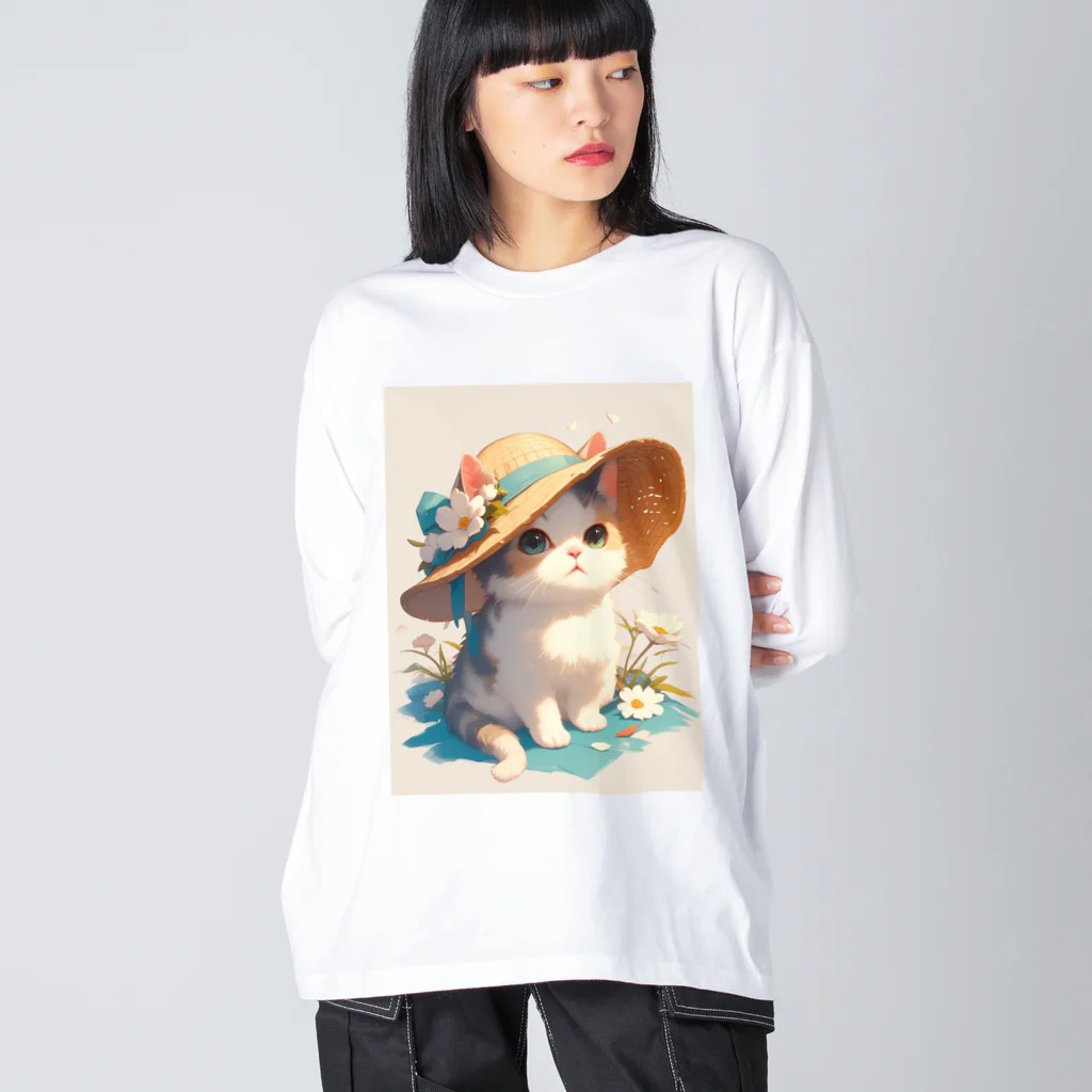 AQUAMETAVERSEの帽子をかぶった可愛い子猫 Marsa 106 ビッグシルエットロングスリーブTシャツ