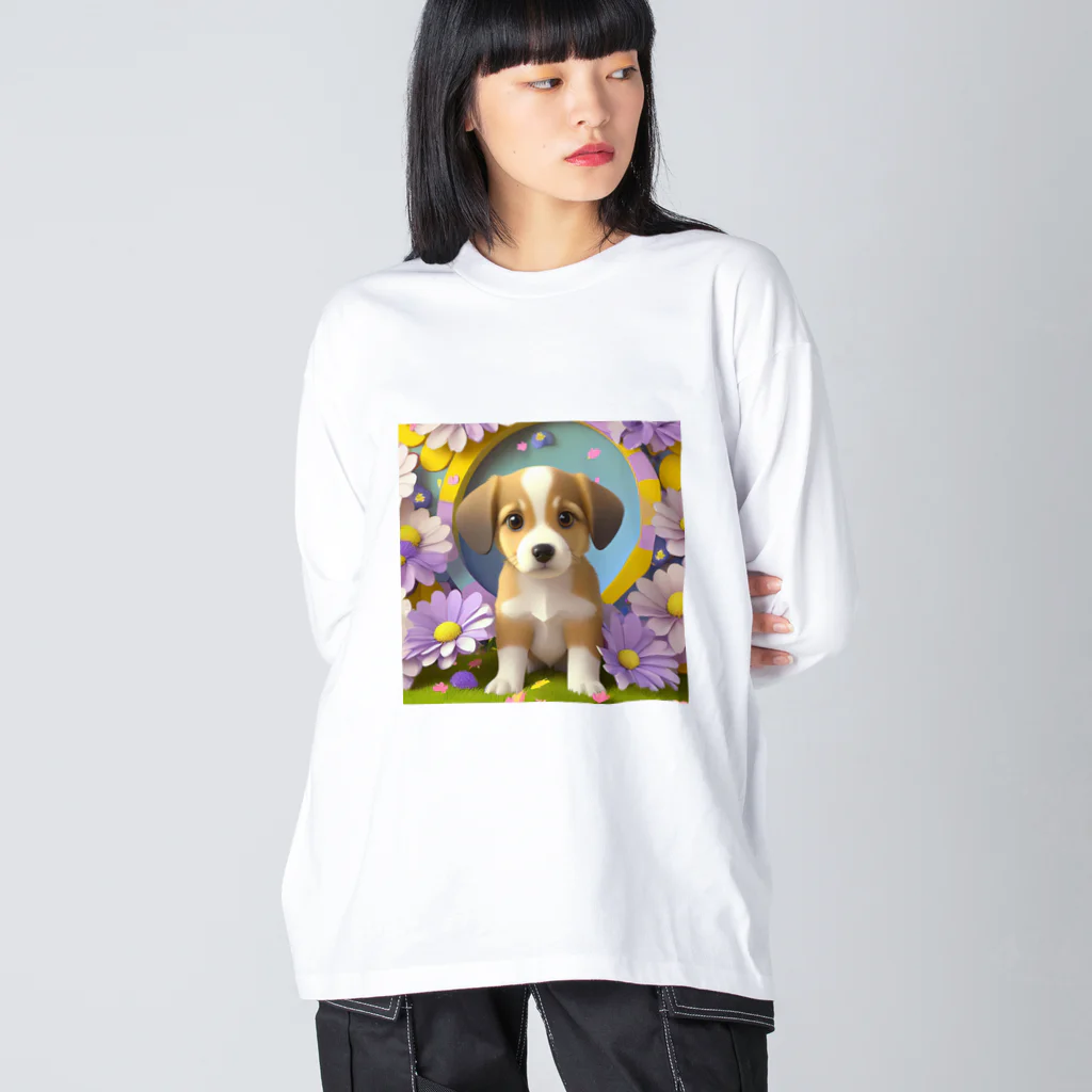 chan-takehaniの陽気な子犬と春の花々 ビッグシルエットロングスリーブTシャツ