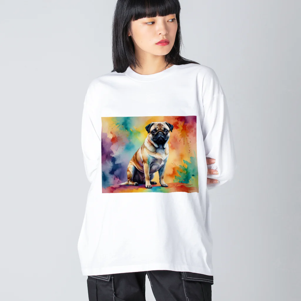 Animal Illustration shopのパグ　Pug　水彩画風 Big Long Sleeve T-Shirt