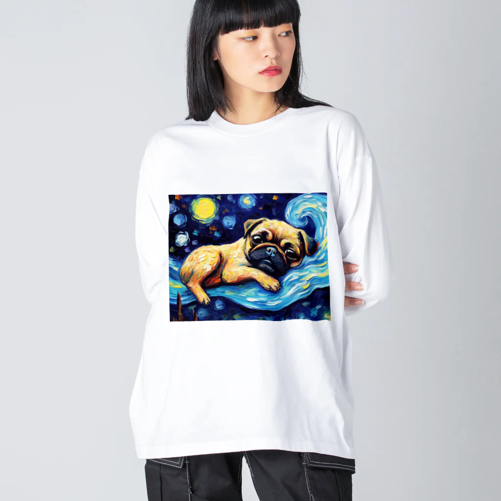 Dog Art Museumの【星降る夜 - パグ犬の子犬 No.1】 Big Long Sleeve T-Shirt