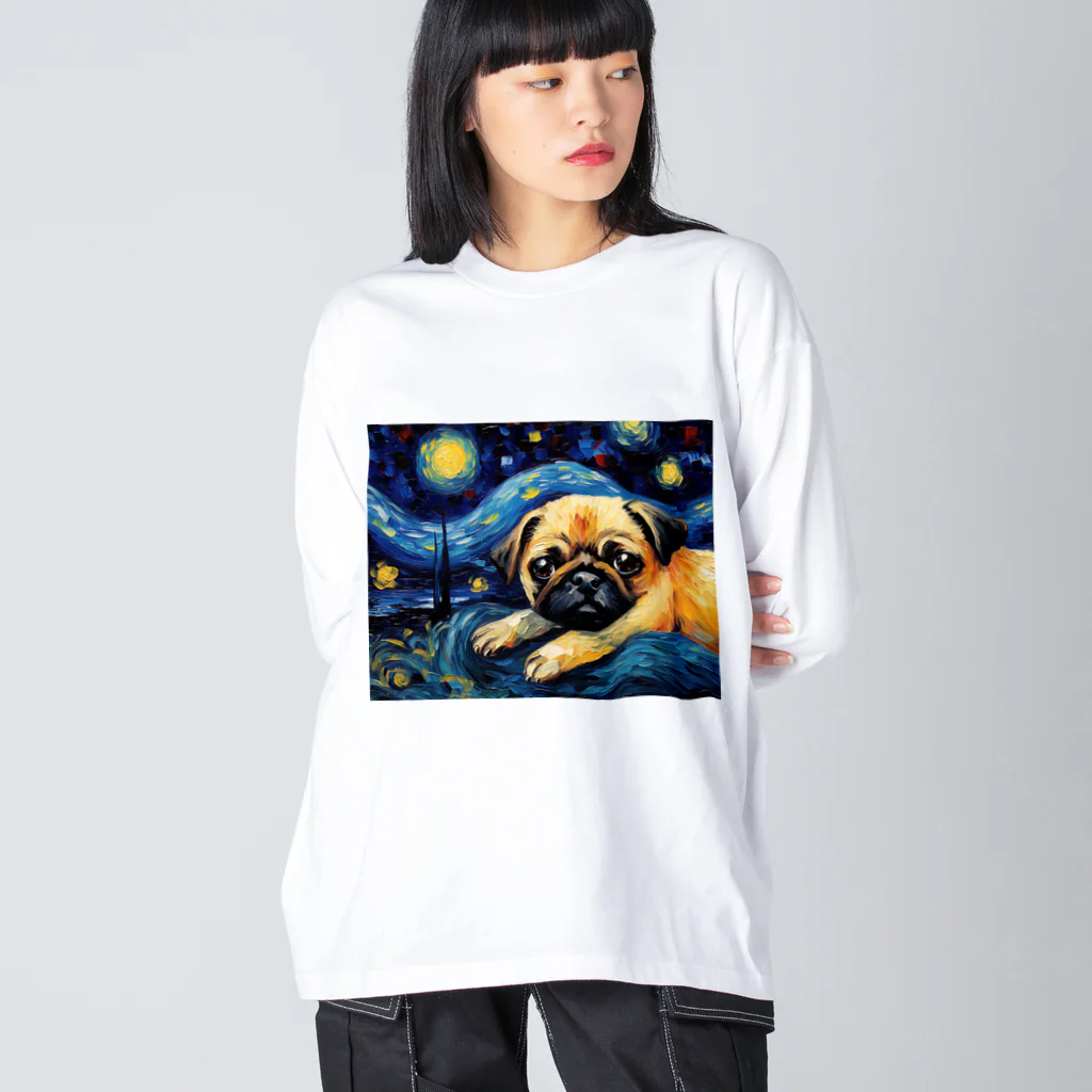 Dog Art Museumの【星降る夜 - パグ犬の子犬 No.3】 Big Long Sleeve T-Shirt