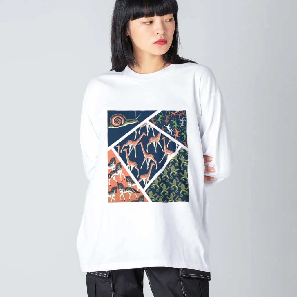 Saza-nami Antique designのとかげ・かえる・かたつむり・きりん ビッグシルエットロングスリーブTシャツ