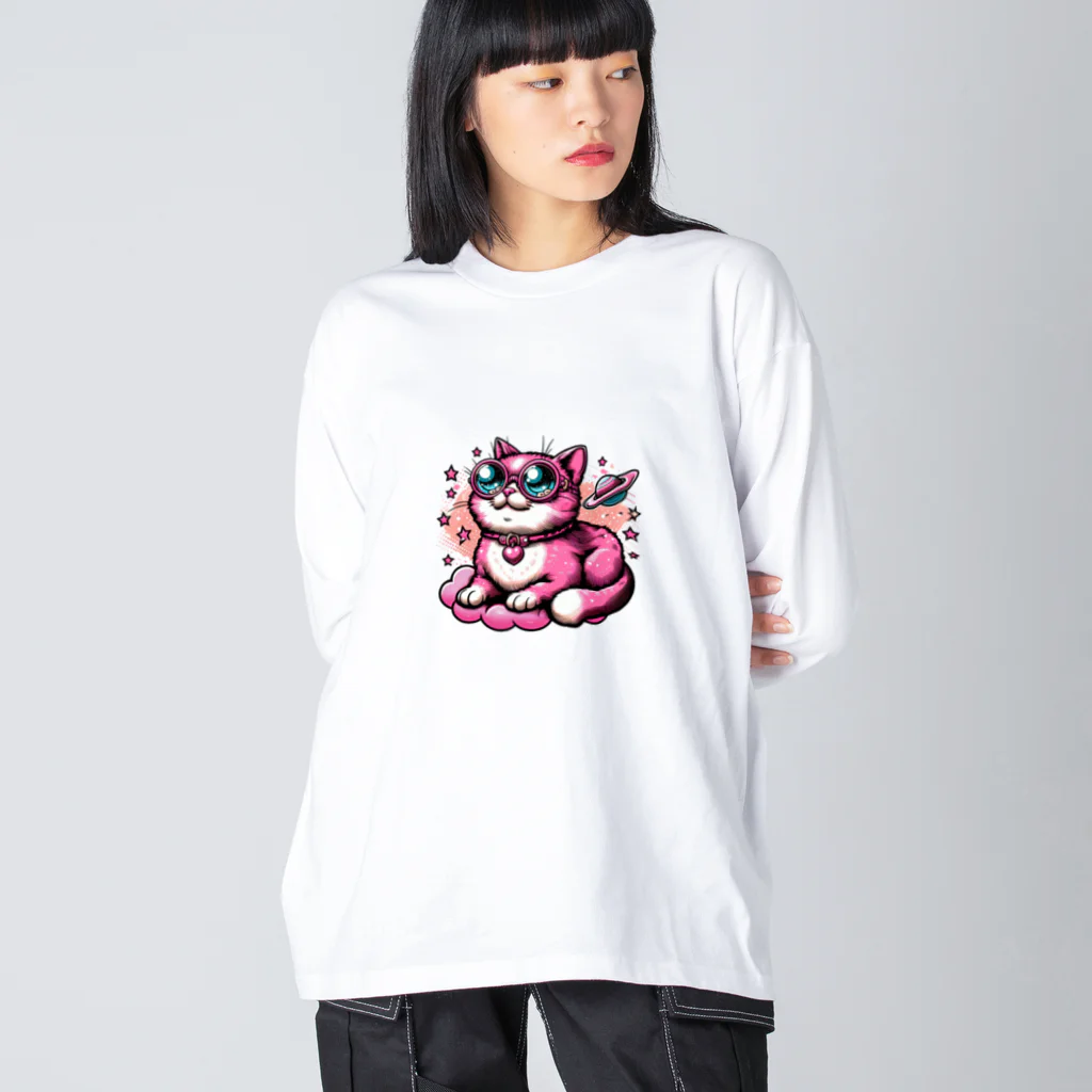 momonekokoの宇宙を見つめるピンク色の猫 ビッグシルエットロングスリーブTシャツ