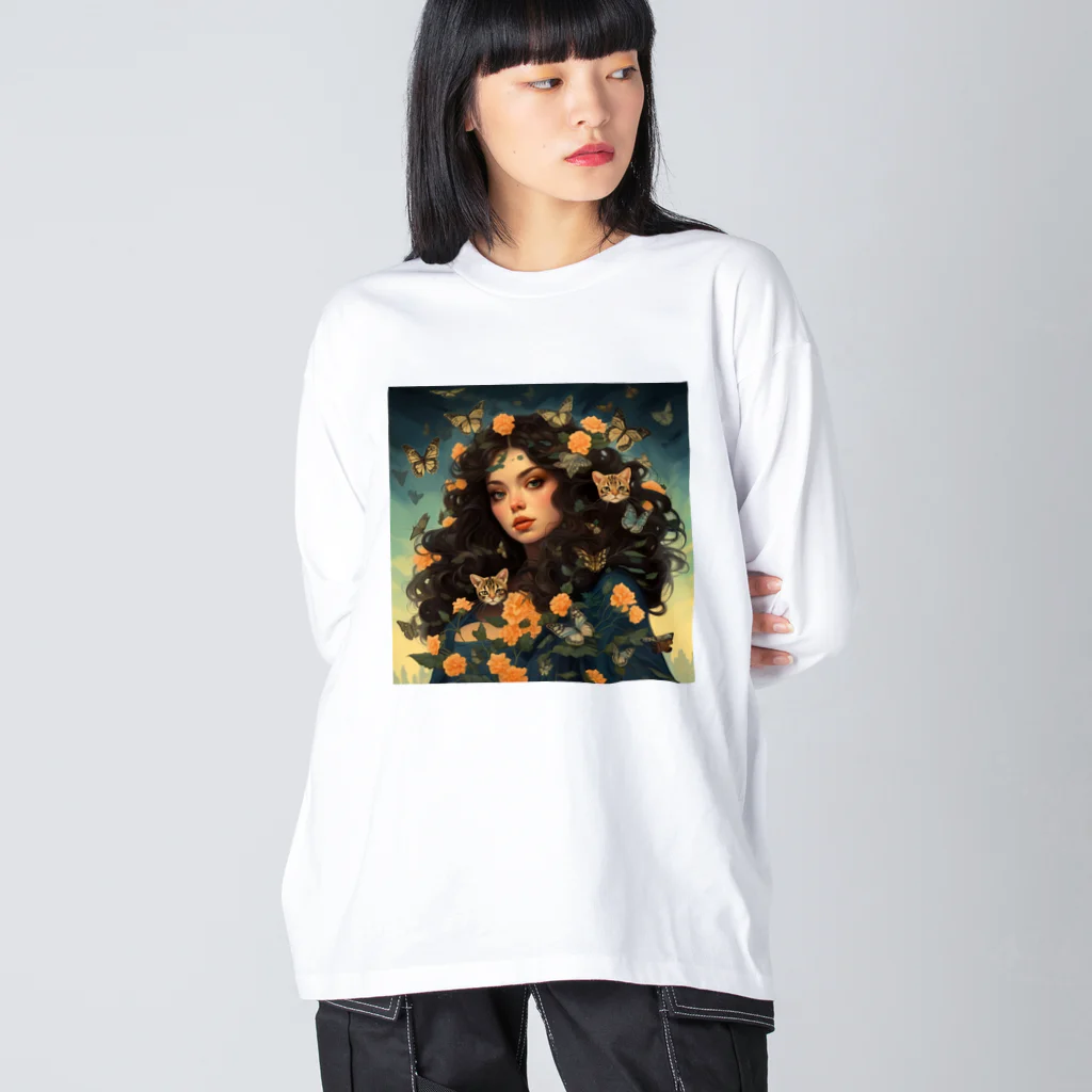 AQUAMETAVERSEの花と女と猫　なでしこ1478 ビッグシルエットロングスリーブTシャツ