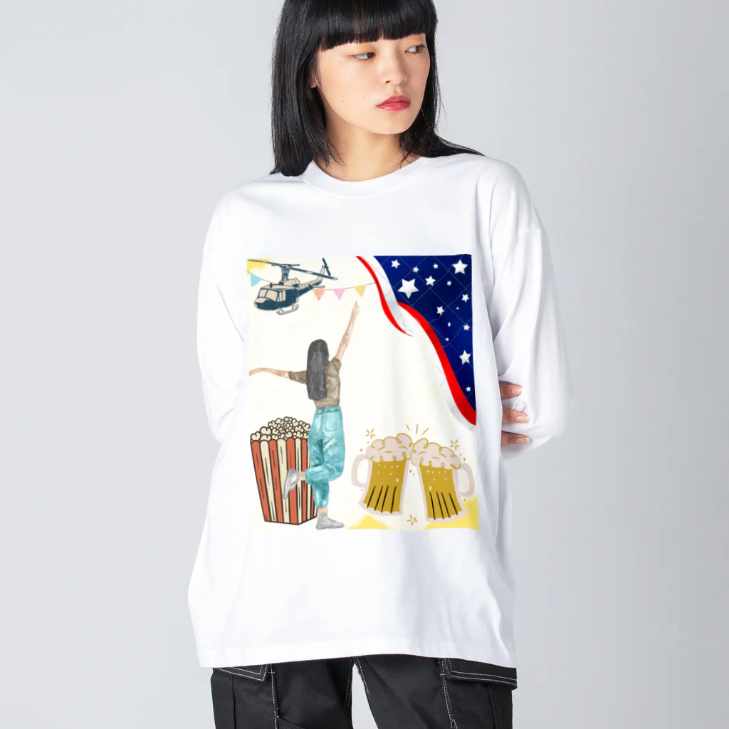 のんきな木のビール大好きアメリカン女の子 ビッグシルエットロングスリーブTシャツ