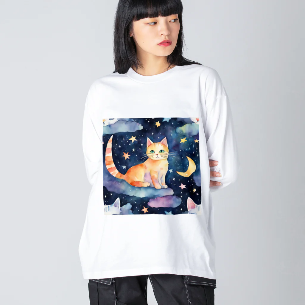 星降る夜にの月と猫 ビッグシルエットロングスリーブTシャツ