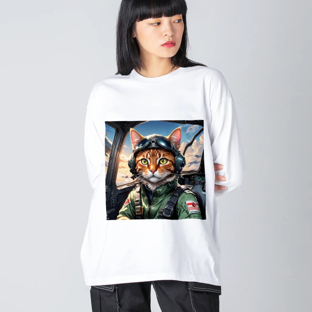 nekoと鉄のパイロット猫 ビッグシルエットロングスリーブTシャツ