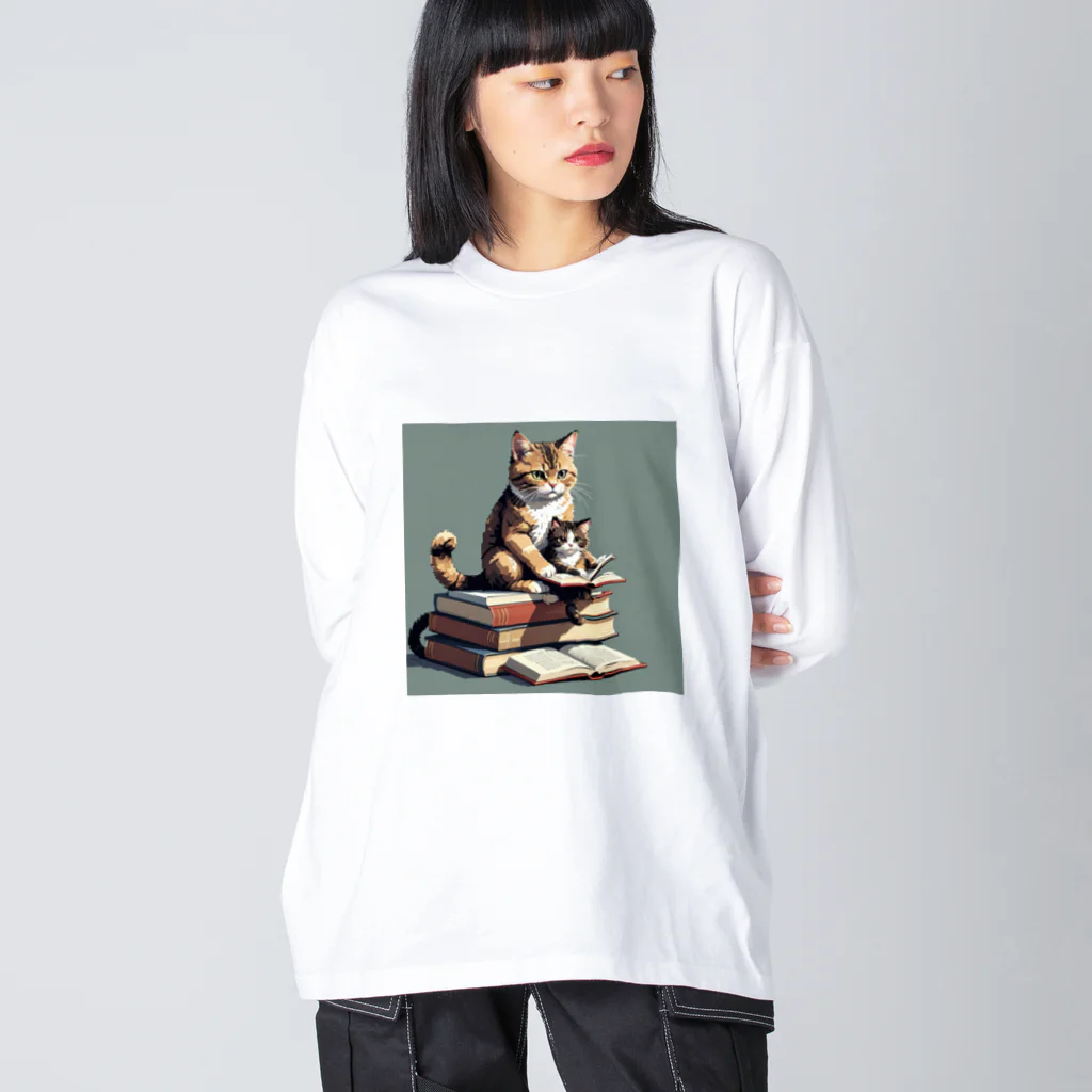 三毛猫shopの本を読む猫 ビッグシルエットロングスリーブTシャツ