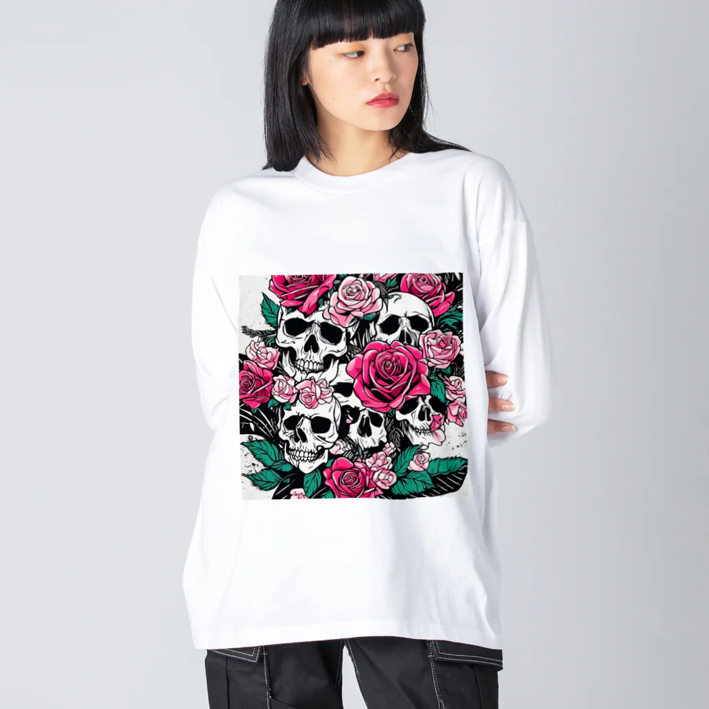 ピンクリボンの薔薇髑髏01 Big Long Sleeve T-Shirt