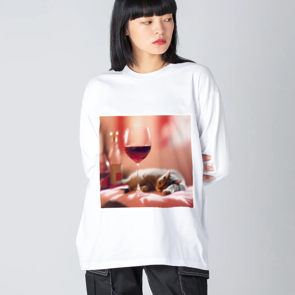 Shironekokuuの赤ワインと眠りねこ ビッグシルエットロングスリーブTシャツ