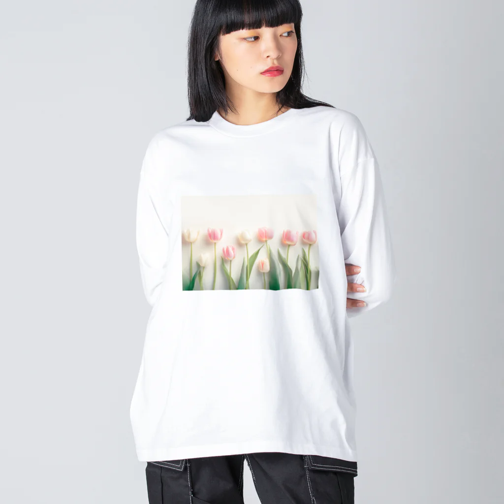 Leomatsuraのピンクと白のチューリップ ビッグシルエットロングスリーブTシャツ