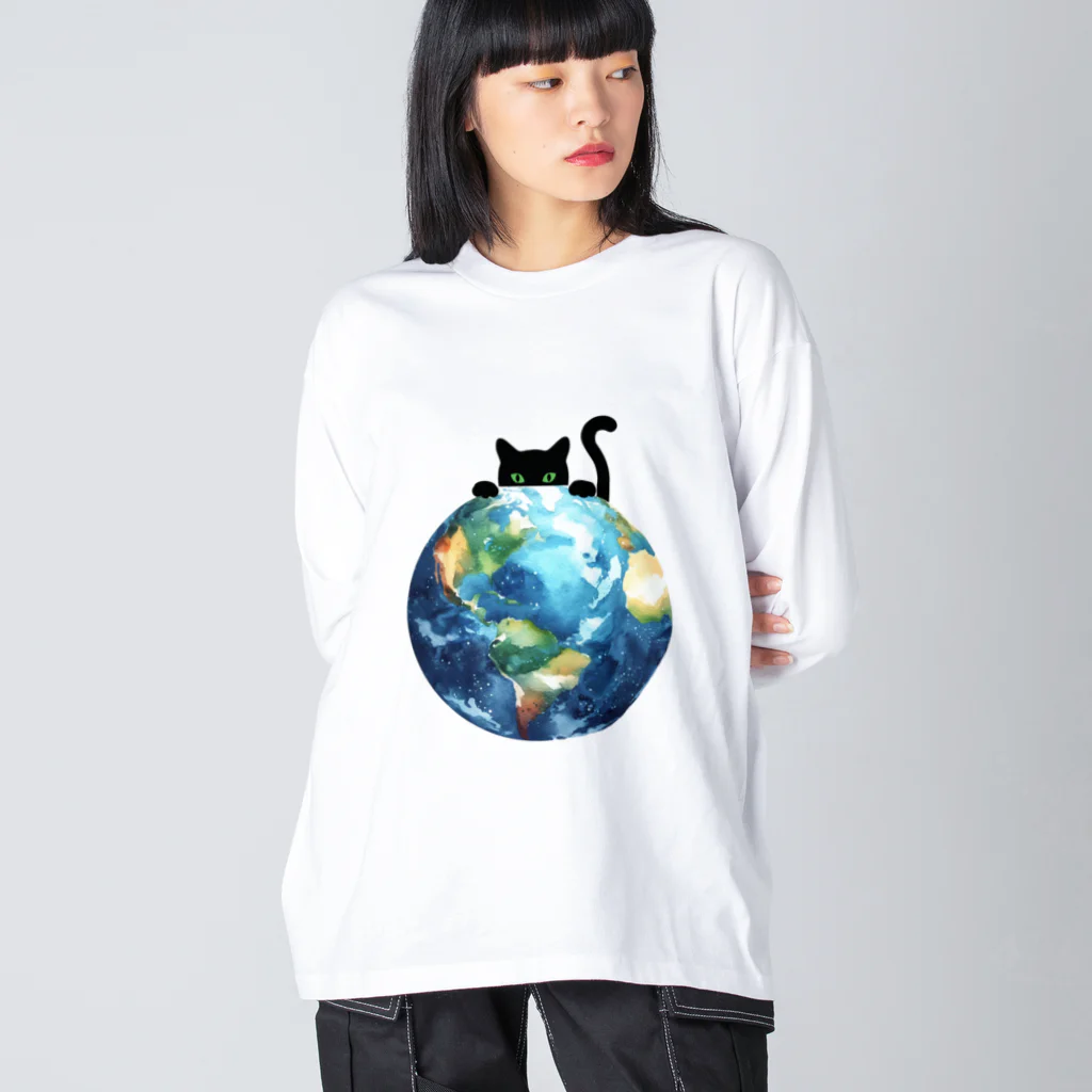 amecatsの地球と黒猫 ビッグシルエットロングスリーブTシャツ