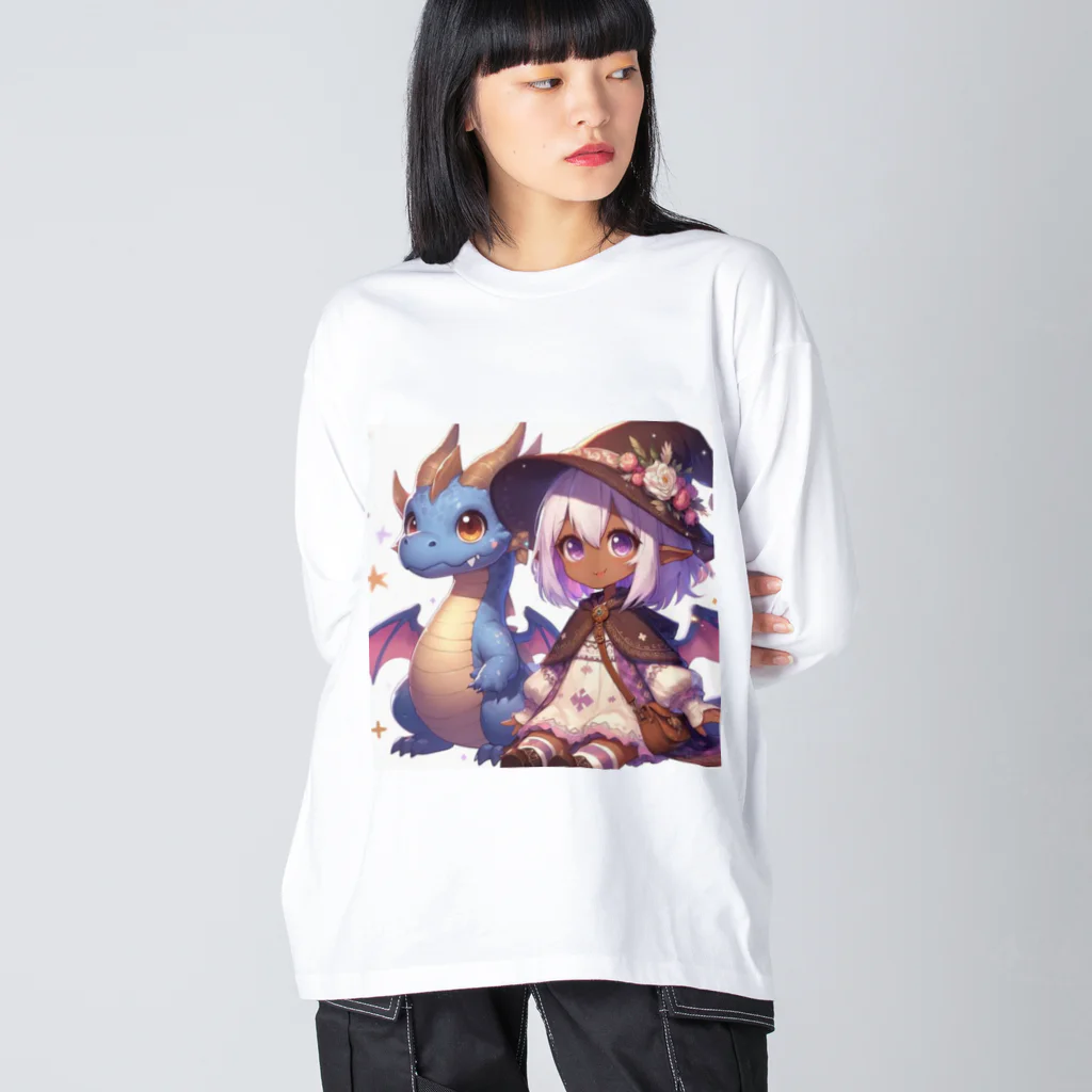 ピクセルパレットのドラゴンと可愛い女の子3 ビッグシルエットロングスリーブTシャツ