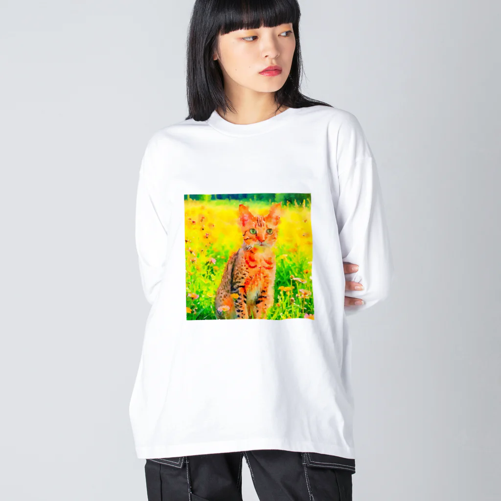 猫好きの谷の猫の水彩画/花畑のオシキャットねこのイラスト/キジトラネコ ビッグシルエットロングスリーブTシャツ