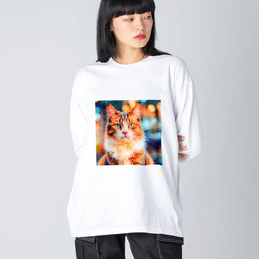 猫好きの谷の猫の水彩画/キジトラねこのイラスト ビッグシルエットロングスリーブTシャツ