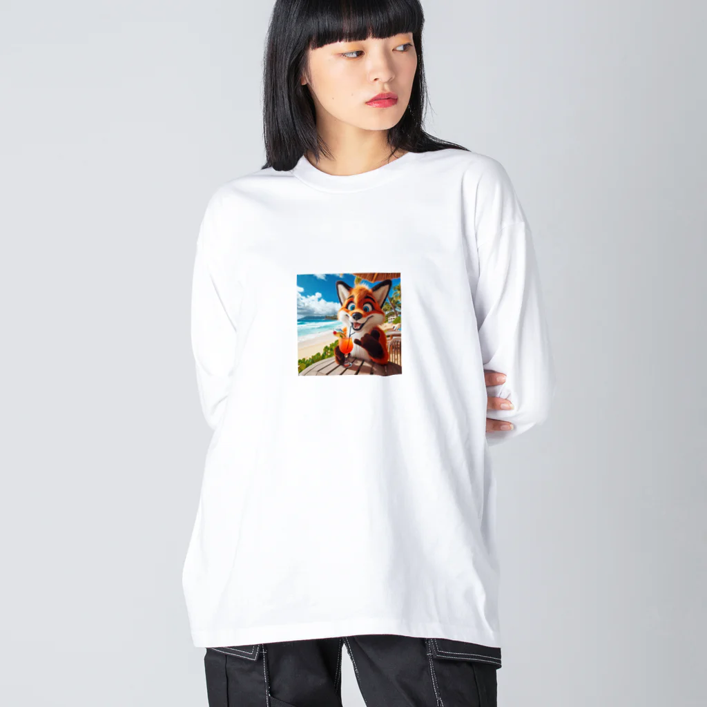 YFCのハワイのリゾートビーチでトロピカルドリンクを飲んでいる陽気なキツネ① Big Long Sleeve T-Shirt