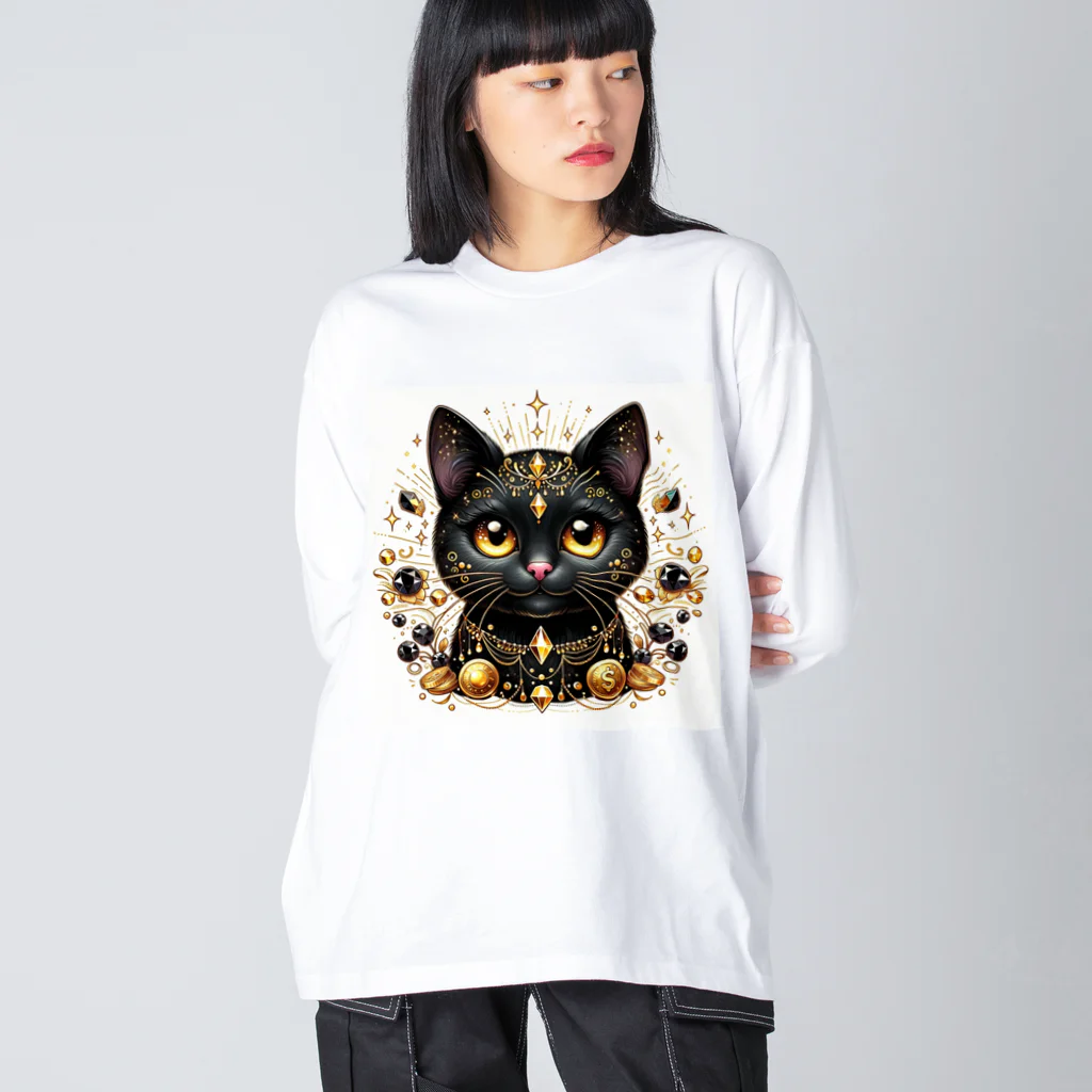 黒猫ギャラリー🐈‍⬛の金運の黒猫の神様 ビッグシルエットロングスリーブTシャツ