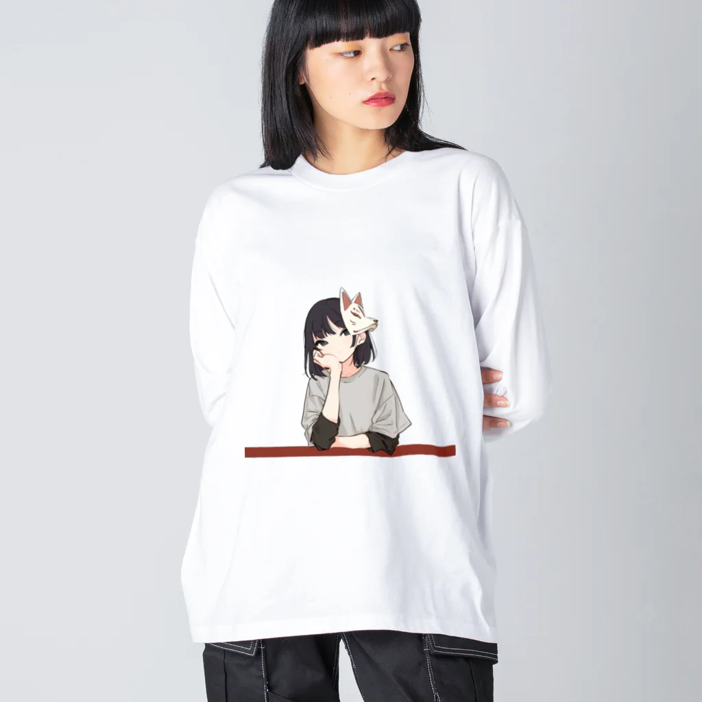 キツネビの肘つき狐面少女 ビッグシルエットロングスリーブTシャツ