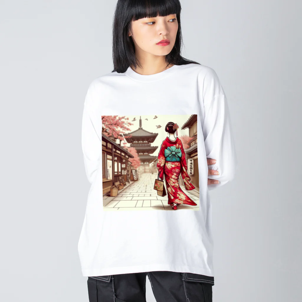 yuchijapanの京都を歩く着物美人イラスト Big Long Sleeve T-Shirt