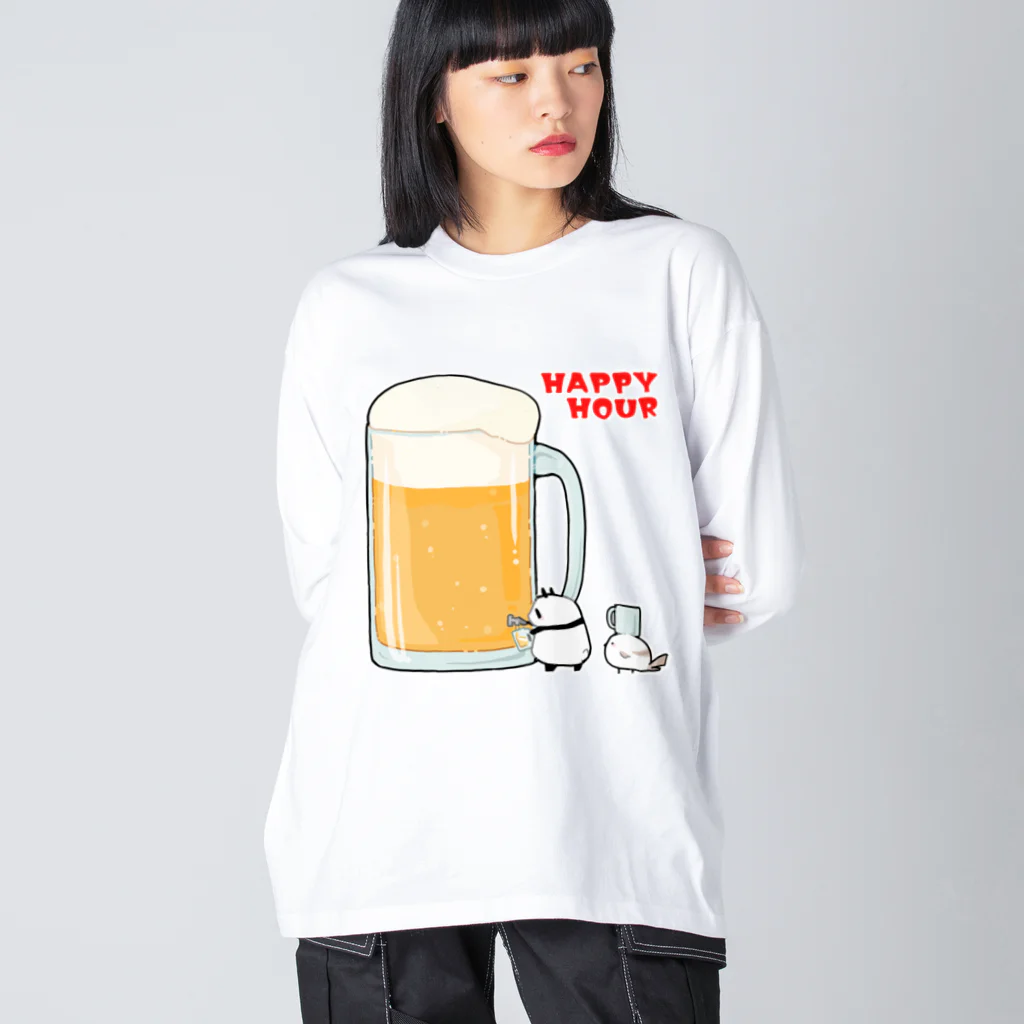 うさやのハッピーアワーでビール祭りを開催するパンダとシマエナガ ビッグシルエットロングスリーブTシャツ