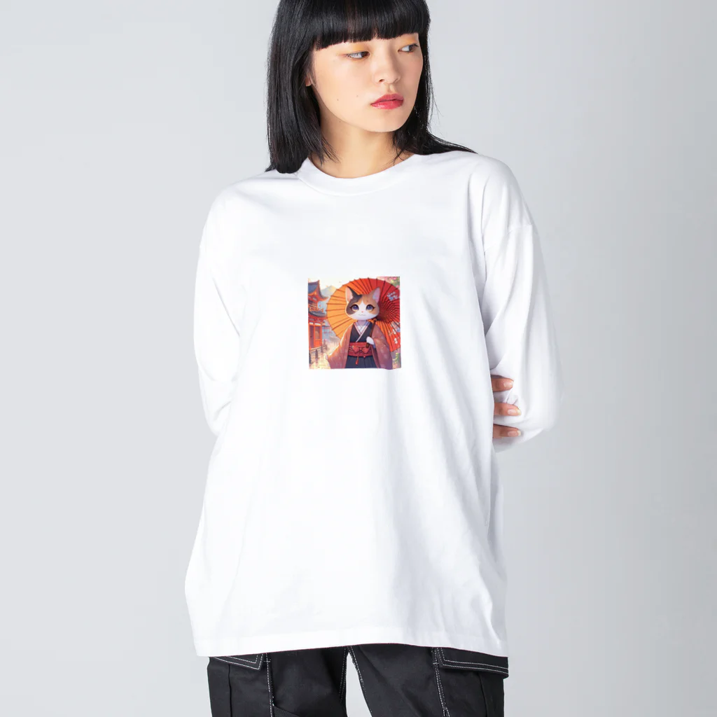 oz-chanの傘をさしている猫_アニメ風2 ビッグシルエットロングスリーブTシャツ