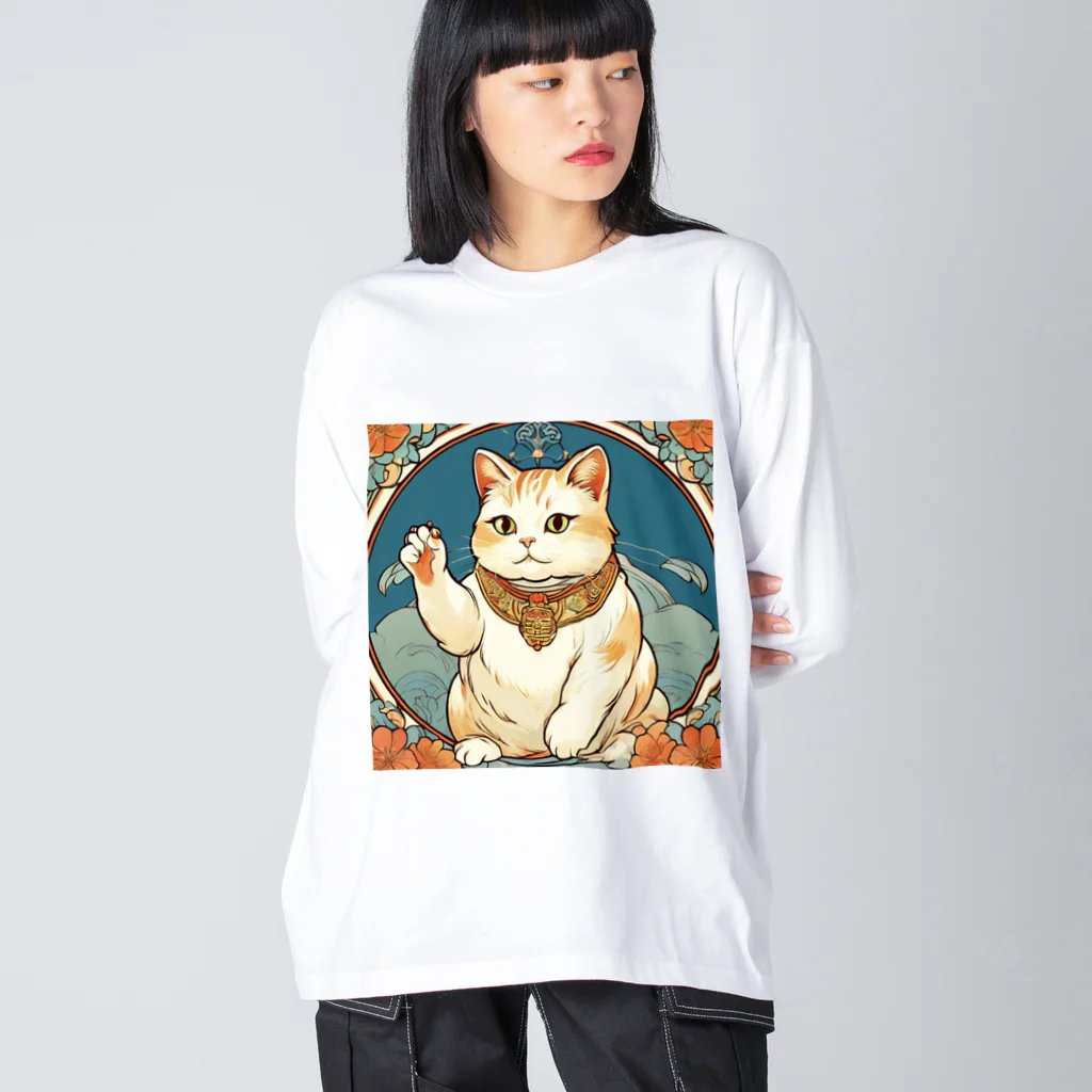 ゆまちゃんの開運雑貨屋さんの夜のミュシャ風招き猫 ビッグシルエットロングスリーブTシャツ