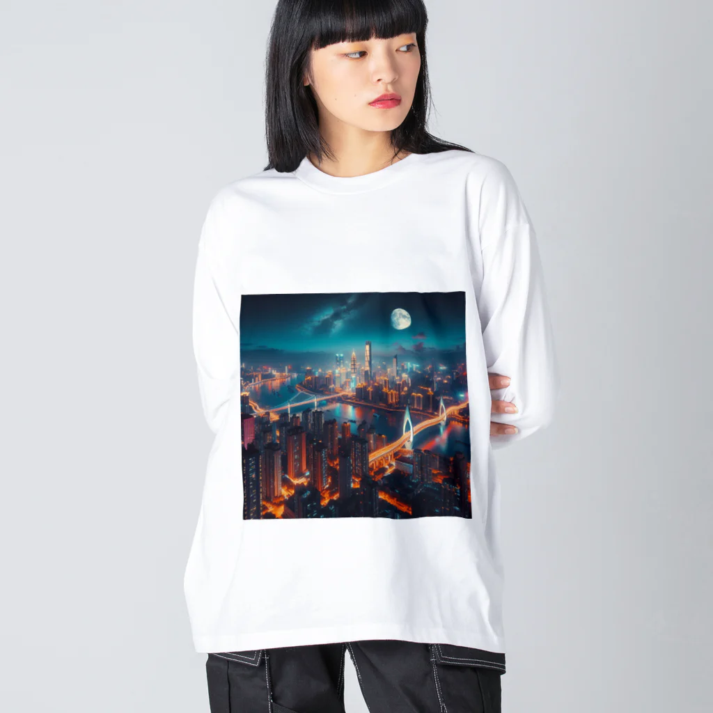 Teesignsの月夜に輝く未来都市 ビッグシルエットロングスリーブTシャツ