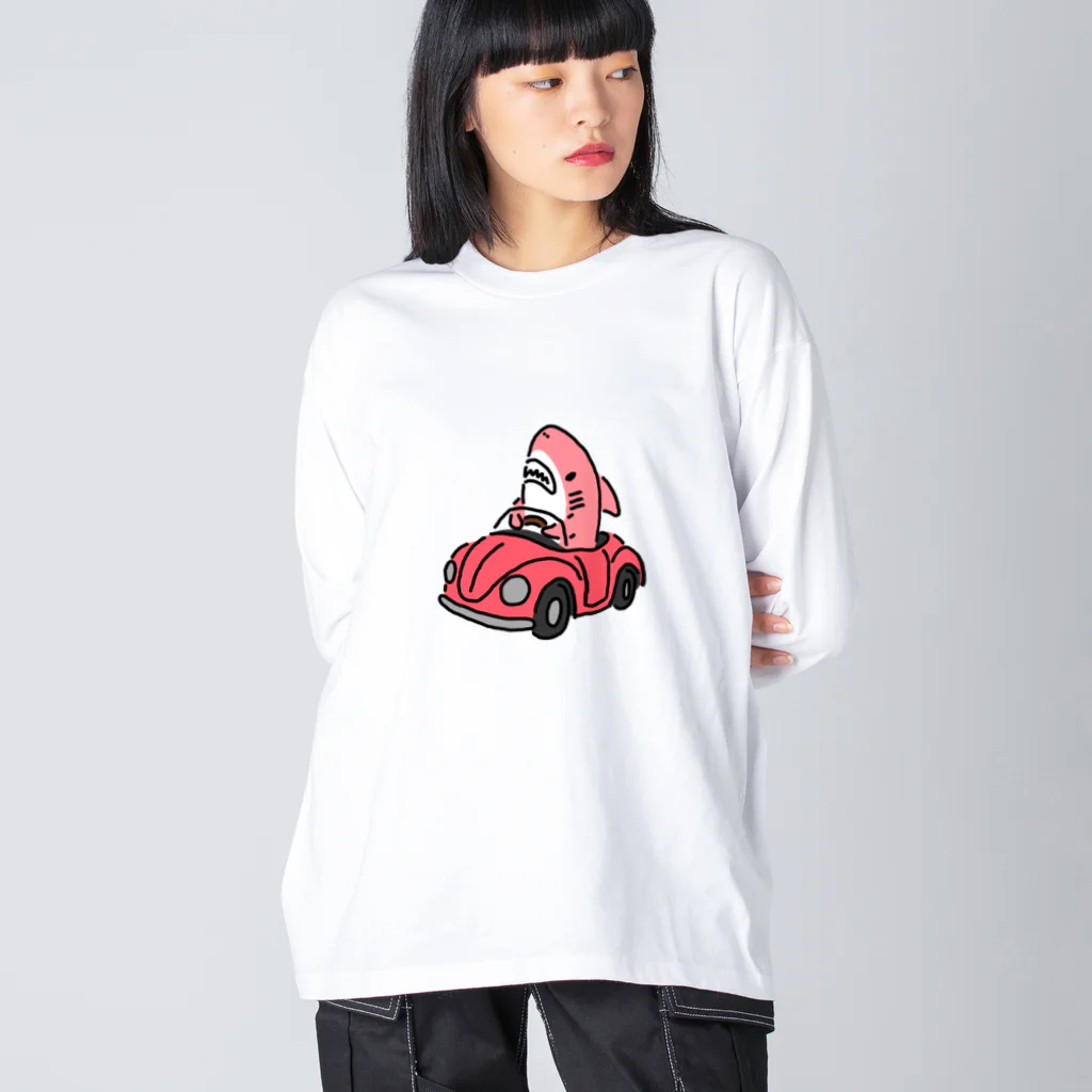 サメ わりとおもいの運転を覚えたピンクのサメ ビッグシルエットロングスリーブTシャツ