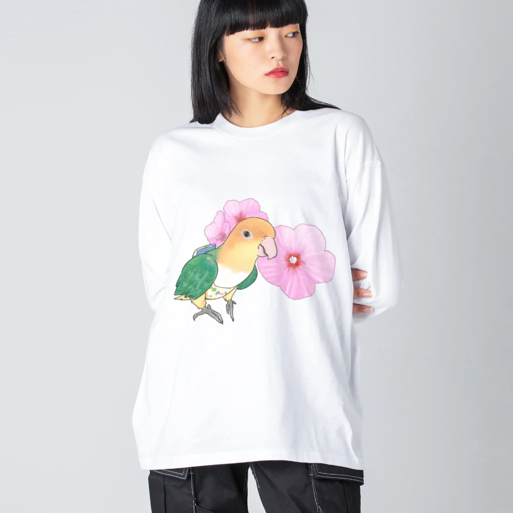 まめるりはことりのお花とシロハラインコちゃん【まめるりはことり】 ビッグシルエットロングスリーブTシャツ