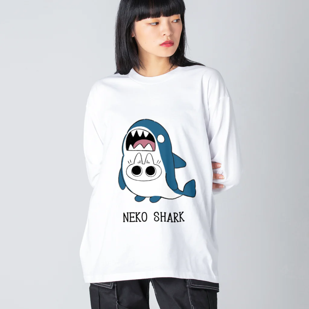 のべ子のねこシャーク(シロネコちゃん) ビッグシルエットロングスリーブTシャツ