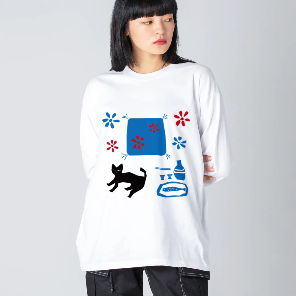 SOKICHISAITOの猫と座布団とお銚子とお猪口 ビッグシルエットロングスリーブTシャツ