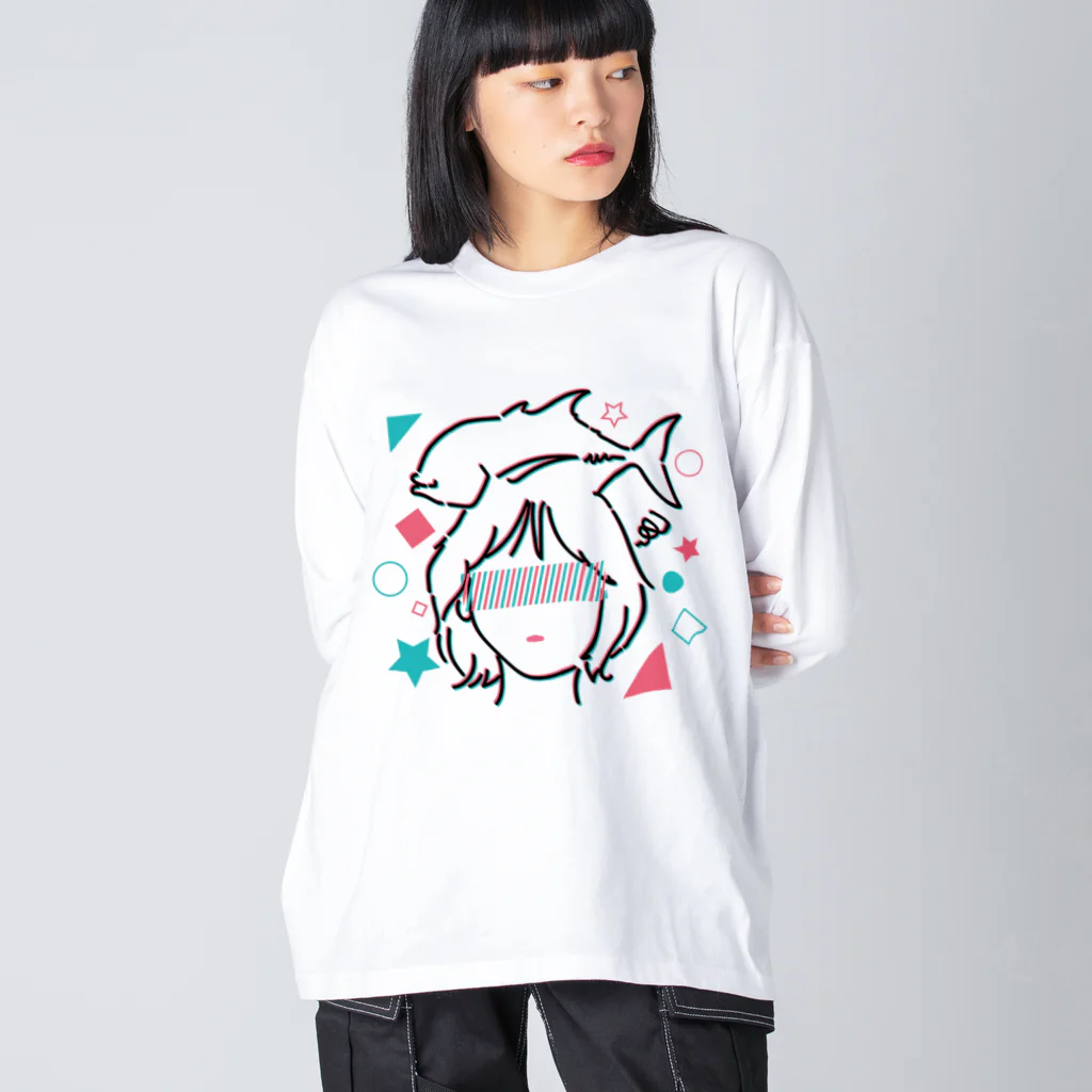 Riki Design (Okinwa Fishing style)の釣りガール_イラストブラック ビッグシルエットロングスリーブTシャツ