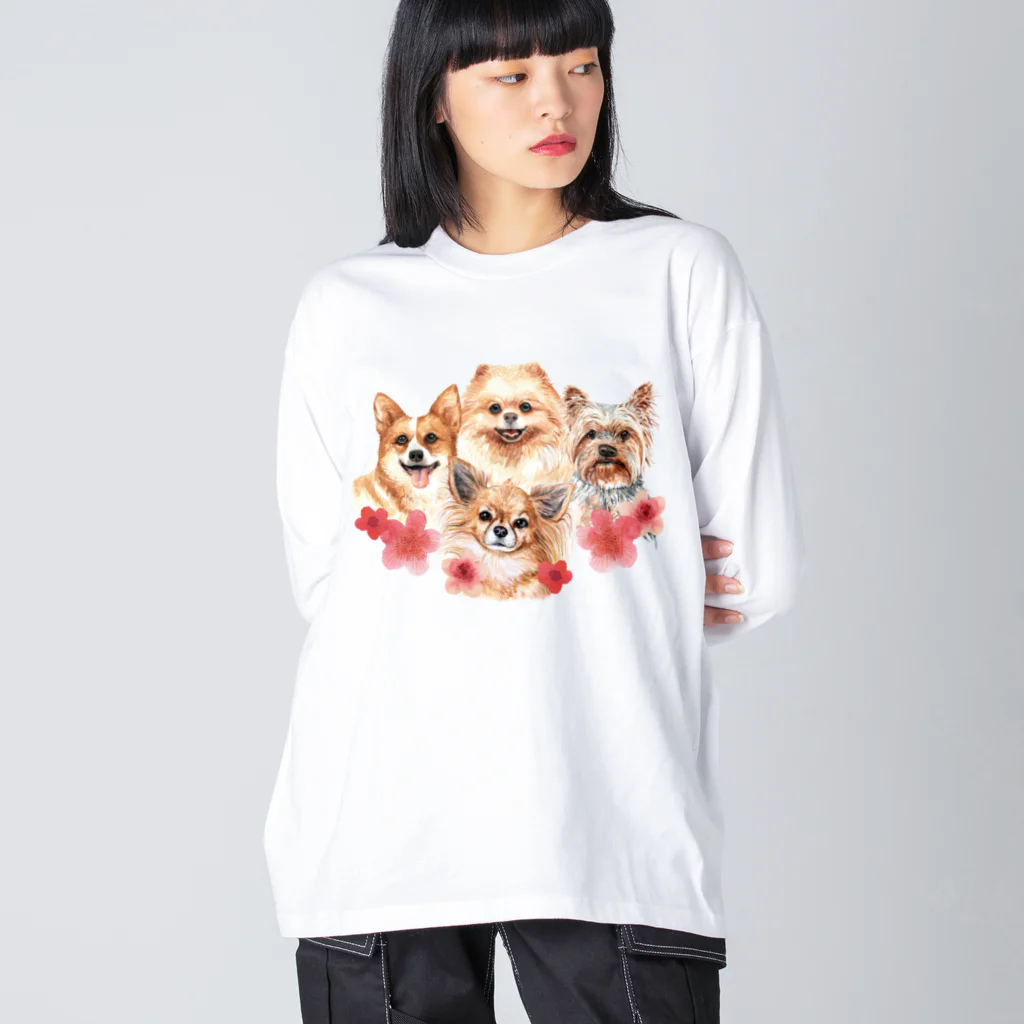 SANKAKU DESIGN STOREのお花の似合う小さい犬たち。 ビッグシルエットロングスリーブTシャツ